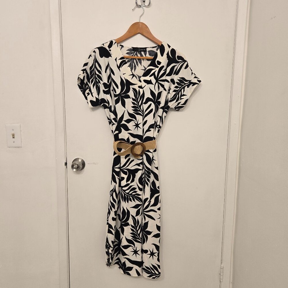 Fred David Black & White Tropical Print Belted Midi Dress - Picture 9 of 15